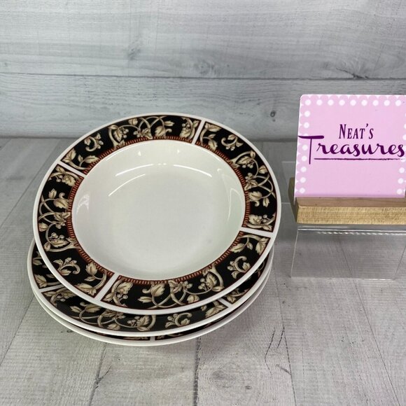 90's Sango SAVOY 8802 Royal Majestic Black Tan Stoneware Rim Soup BowlsSet 3